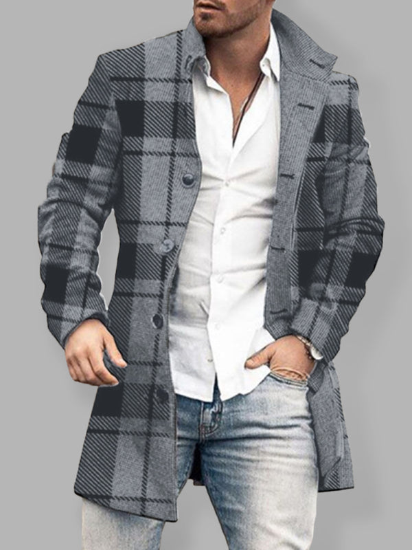 Men's Lapel Collar Mid-Length Woolen Coat with Pockets