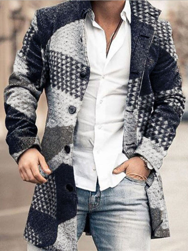 Men's Lapel Collar Mid-Length Woolen Coat with Pockets