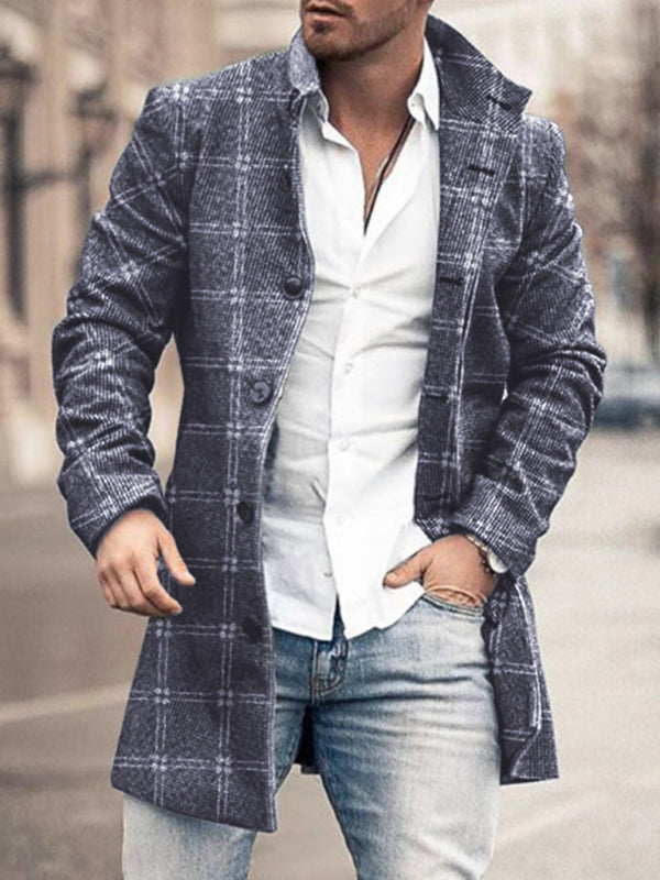 Men's Lapel Collar Mid-Length Woolen Coat with Pockets