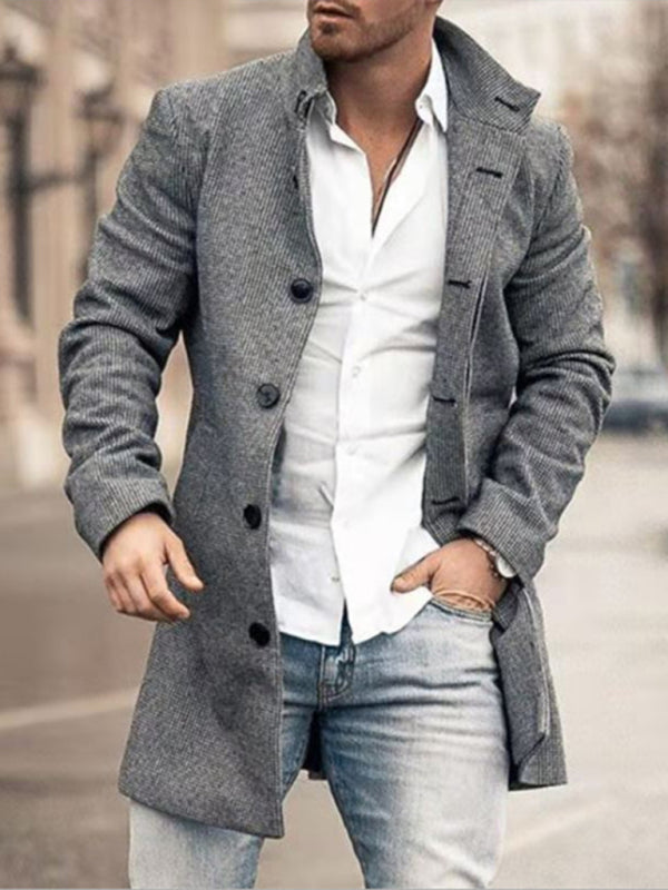 Men's Lapel Collar Mid-Length Woolen Coat with Pockets