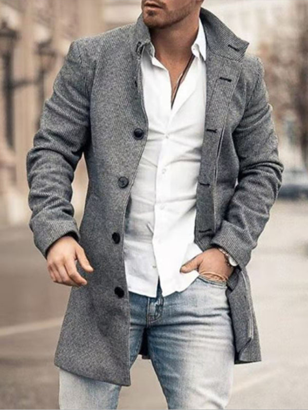 Men's Lapel Collar Mid-Length Woolen Coat with Pockets