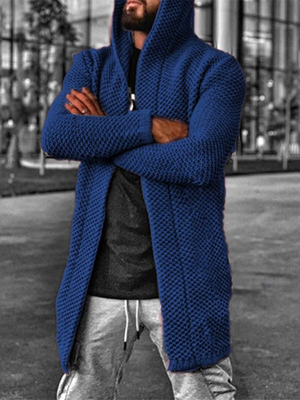 Men's S-4XL Hooded Long Sleeves Open Knit Cardigan Sweater