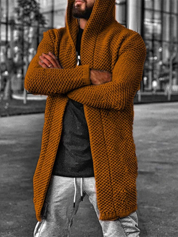 Men's S-4XL Hooded Long Sleeves Open Knit Cardigan Sweater