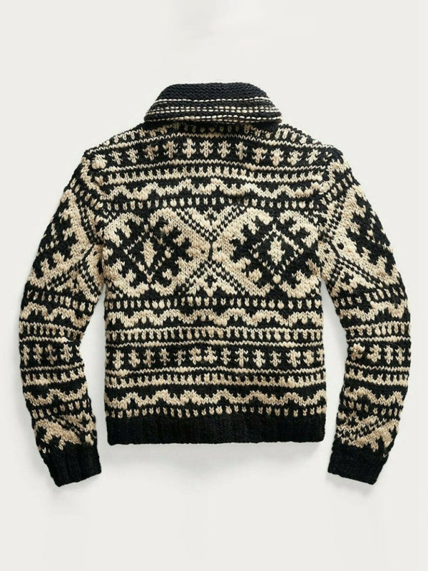 Patterned Jacquard Knit Lapel Collar Full Zip Long Sleeve Sweater