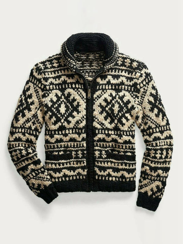 Patterned Jacquard Knit Lapel Collar Full Zip Long Sleeve Sweater