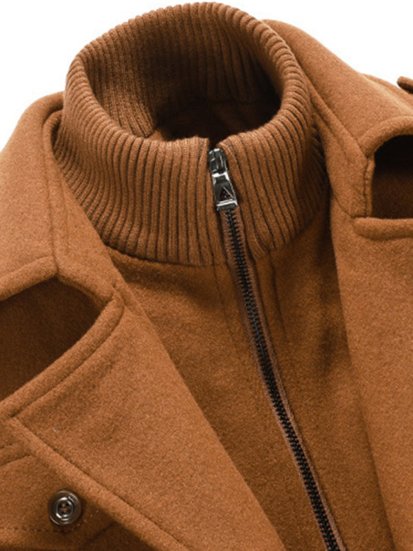 Men's Double Collar Zippered Wool Coat with Pockets Available in Sizes M-3XL
