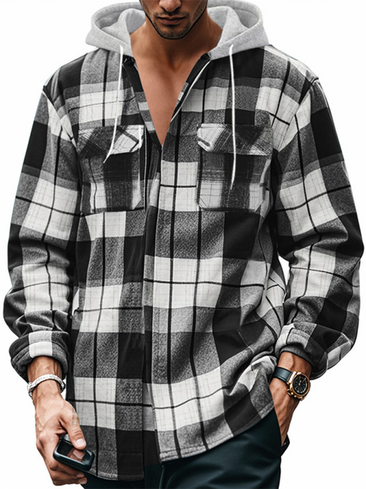 Men's Long Sleeve Hooded Plaid Shirt Available in Size S-3XL