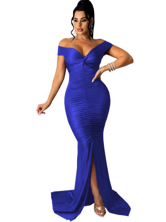 Off Shoulder V-Neck Ruched Mermaid Gown with Train