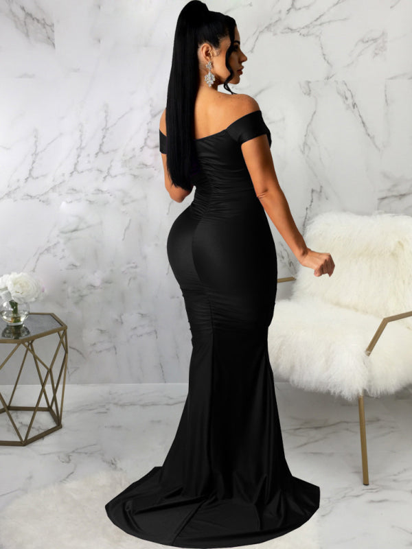 Off Shoulder V-Neck Ruched Mermaid Gown with Train