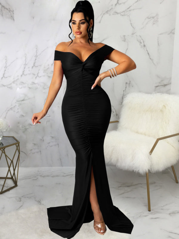 Off Shoulder V-Neck Ruched Mermaid Gown with Train