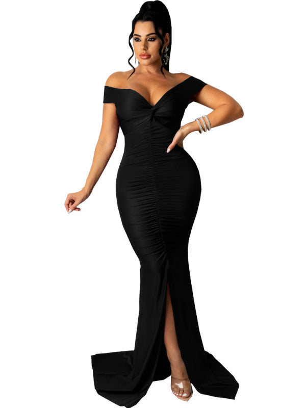 Off Shoulder V-Neck Ruched Mermaid Gown with Train