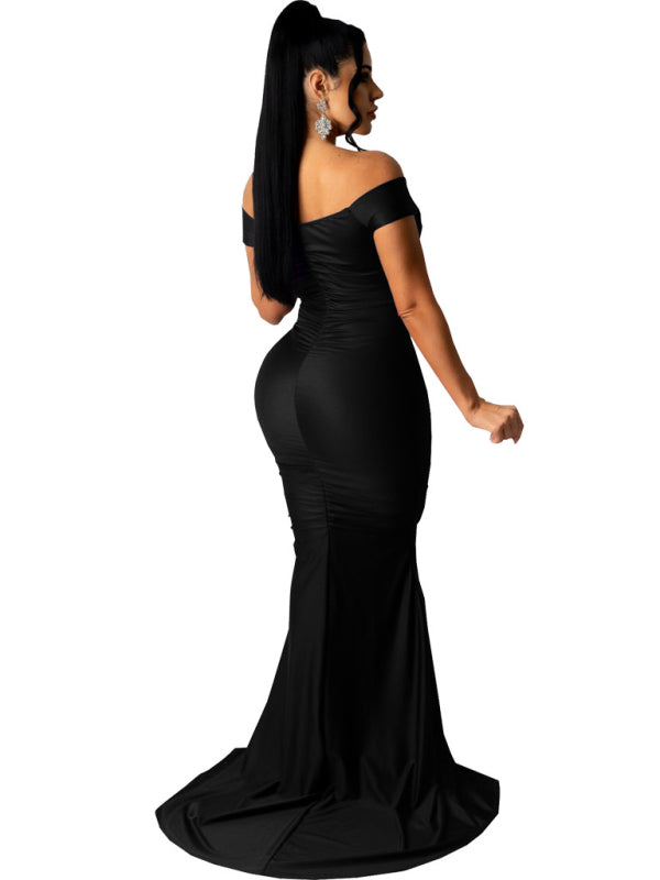 Off Shoulder V-Neck Ruched Mermaid Gown with Train