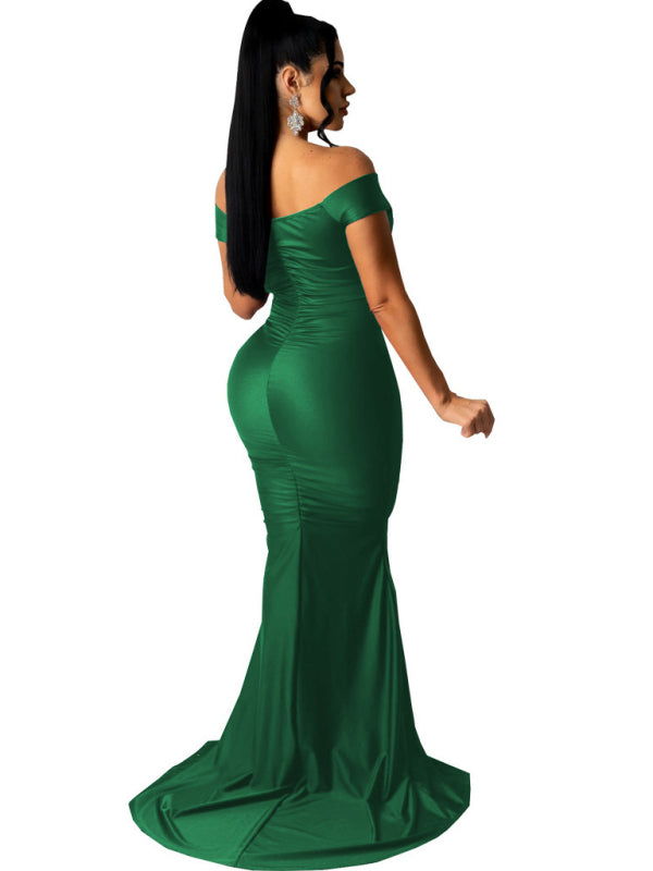 Off Shoulder V-Neck Ruched Mermaid Gown with Train