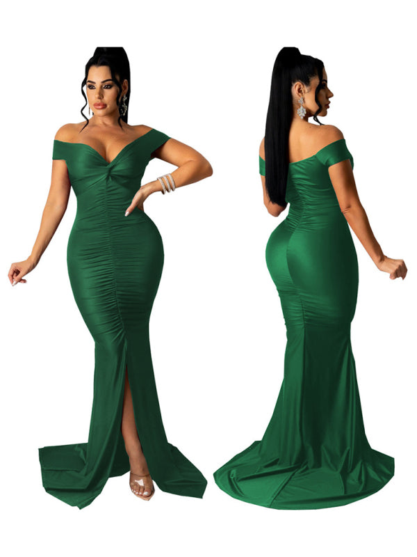 Off Shoulder V-Neck Ruched Mermaid Gown with Train