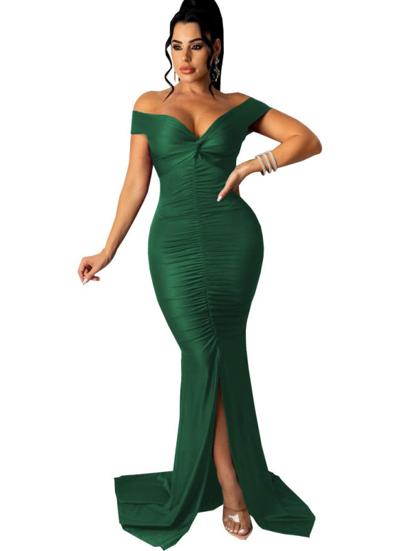 Off Shoulder V-Neck Ruched Mermaid Gown with Train