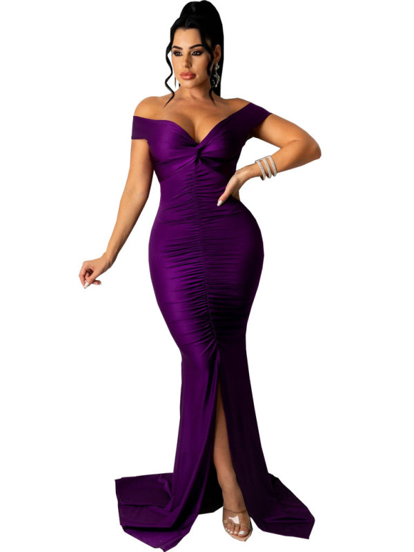 Off Shoulder V-Neck Ruched Mermaid Gown with Train