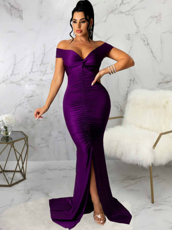 Off Shoulder V-Neck Ruched Mermaid Gown with Train