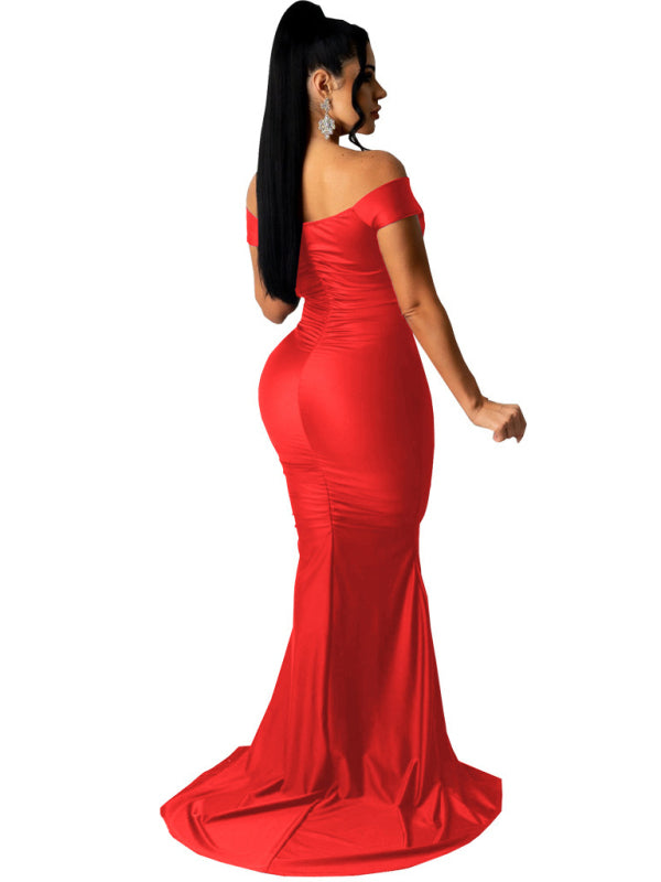 Off Shoulder V-Neck Ruched Mermaid Gown with Train