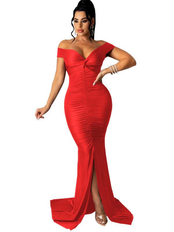 Off Shoulder V-Neck Ruched Mermaid Gown with Train