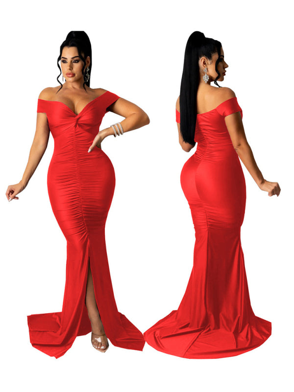 Off Shoulder V-Neck Ruched Mermaid Gown with Train