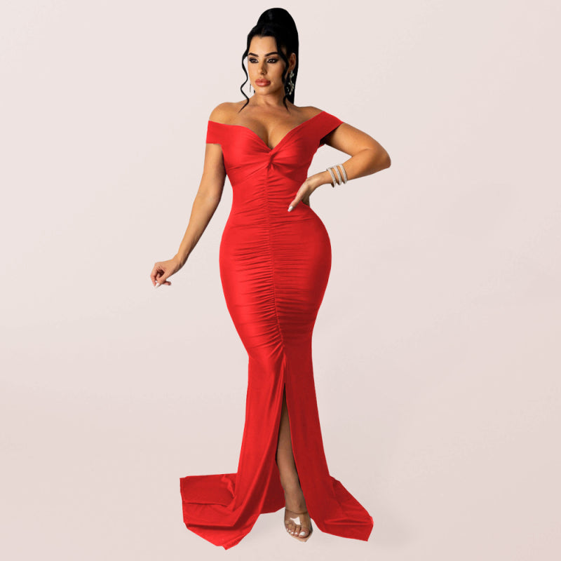 Off Shoulder V-Neck Ruched Mermaid Gown with Train