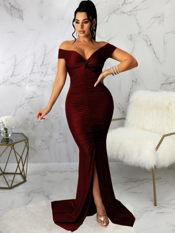 Off Shoulder V-Neck Ruched Mermaid Gown with Train