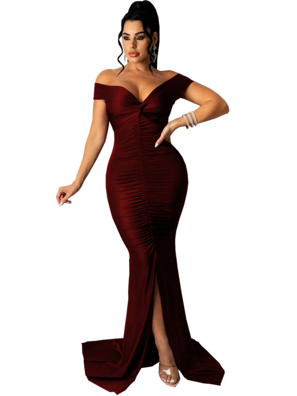 Off Shoulder V-Neck Ruched Mermaid Gown with Train