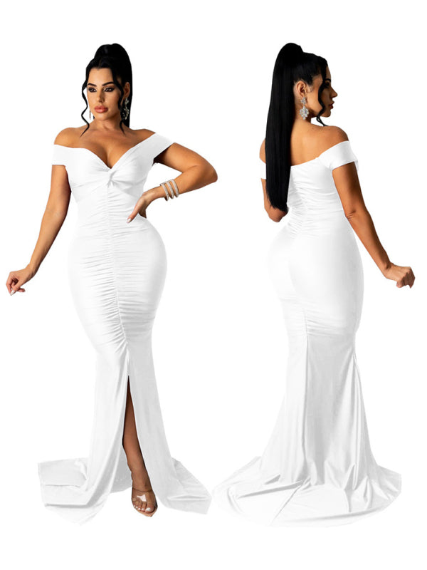 Off Shoulder V-Neck Ruched Mermaid Gown with Train