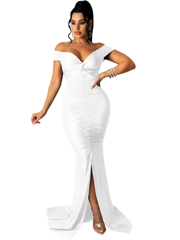 Off Shoulder V-Neck Ruched Mermaid Gown with Train