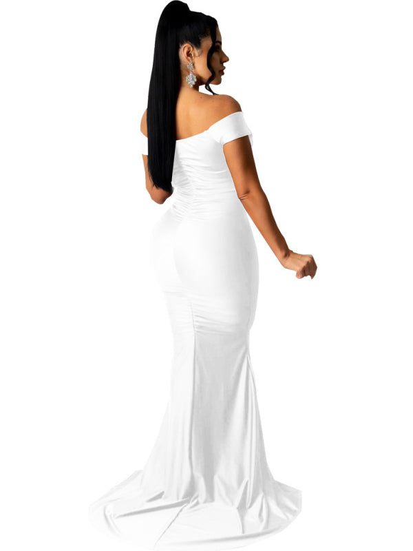 Off Shoulder V-Neck Ruched Mermaid Gown with Train