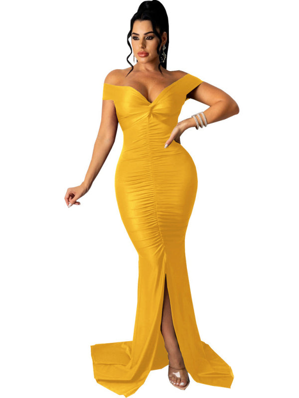 Off Shoulder V-Neck Ruched Mermaid Gown with Train