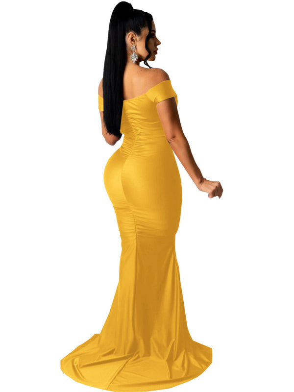 Off Shoulder V-Neck Ruched Mermaid Gown with Train