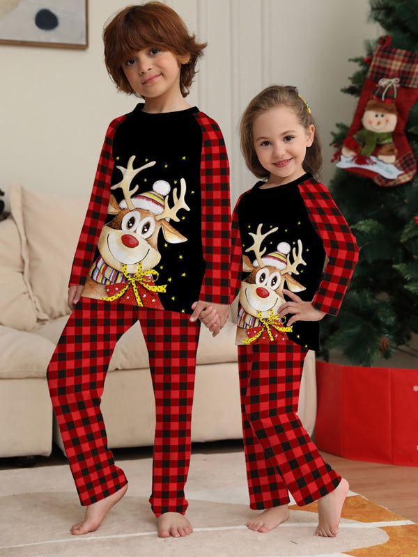 Unisex Christmas Reindeer Raglan Sleeves Plaid Print 2-Piece Cozy Christmas Holiday Pajamas Set