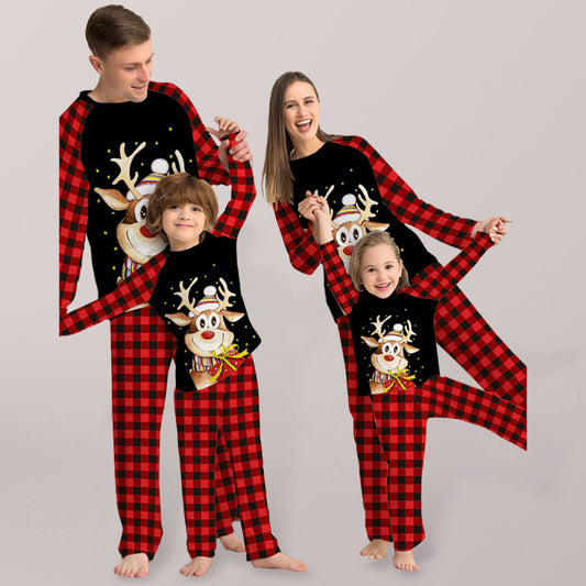 Unisex Christmas Reindeer Raglan Sleeves Plaid Print 2-Piece Cozy Christmas Holiday Pajamas Set