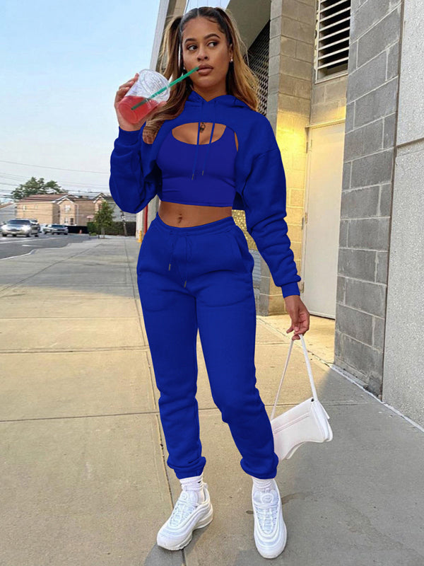 Women's Cropped Long Sleeves Hoodie Drawstring Shrug, Baby Sleeveless Tee and Jogger Pants 3-Piece Set