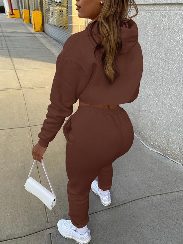 Women's Cropped Long Sleeves Hoodie Drawstring Shrug, Baby Sleeveless Tee and Jogger Pants 3-Piece Set