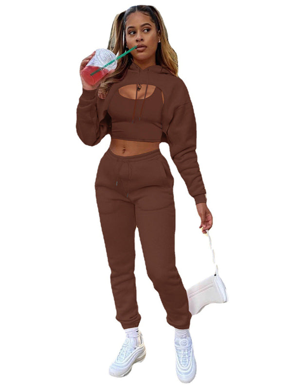 Women's Cropped Long Sleeves Hoodie Drawstring Shrug, Baby Sleeveless Tee and Jogger Pants 3-Piece Set