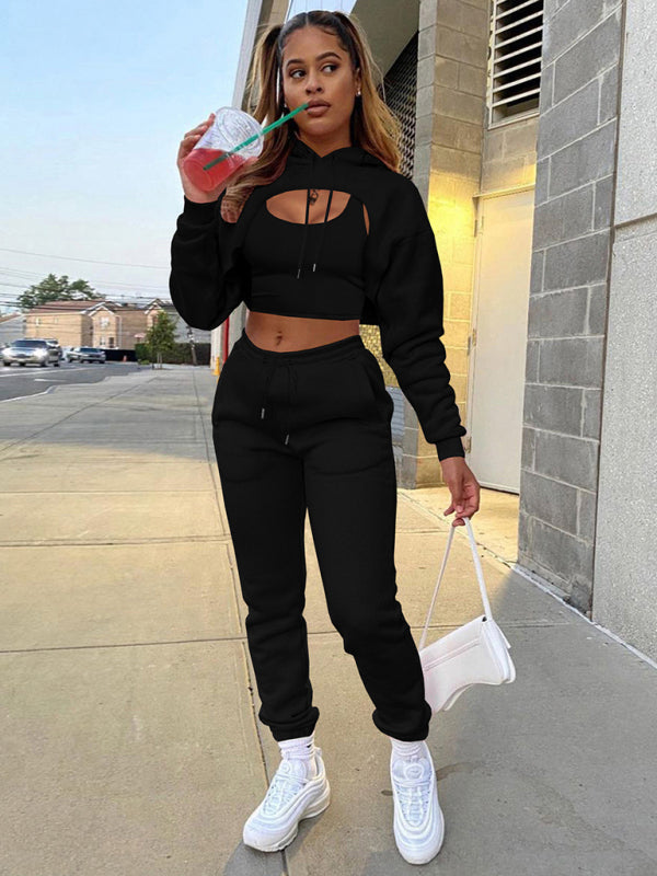 Women's Cropped Long Sleeves Hoodie Drawstring Shrug, Baby Sleeveless Tee and Jogger Pants 3-Piece Set