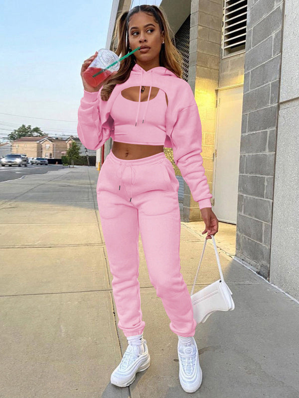 Women's Cropped Long Sleeves Hoodie Drawstring Shrug, Baby Sleeveless Tee and Jogger Pants 3-Piece Set