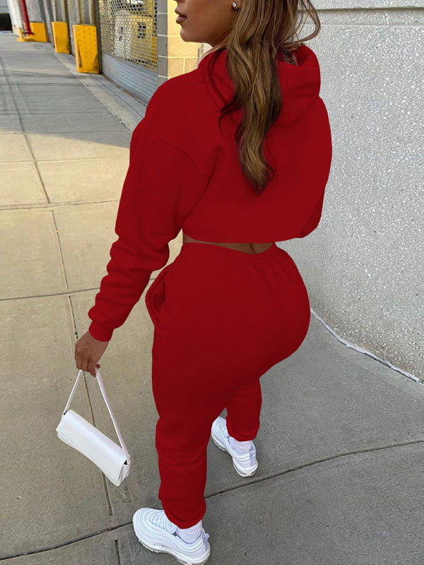 Women's Cropped Long Sleeves Hoodie Drawstring Shrug, Baby Sleeveless Tee and Jogger Pants 3-Piece Set