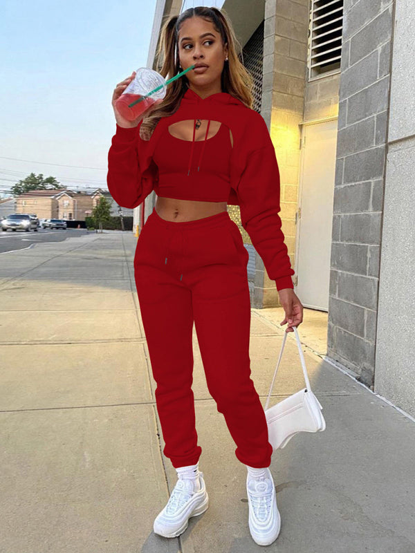 Women's Cropped Long Sleeves Hoodie Drawstring Shrug, Baby Sleeveless Tee and Jogger Pants 3-Piece Set