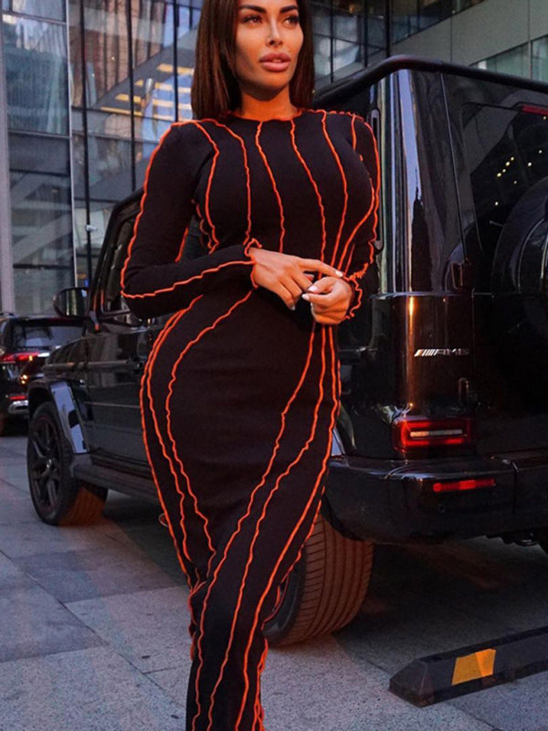 Contrast Wavy Vertical Stripes Long Sleeve Bodycon Long Dress