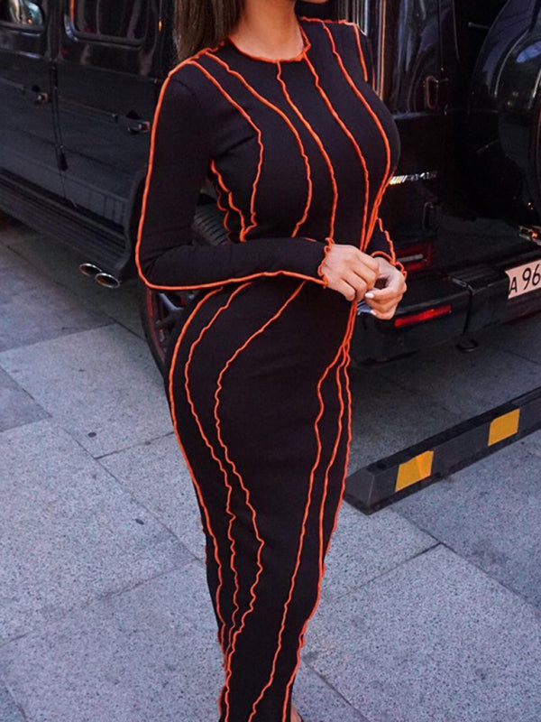 Contrast Wavy Vertical Stripes Long Sleeve Bodycon Long Dress