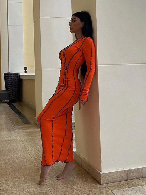 Contrast Wavy Vertical Stripes Long Sleeve Bodycon Long Dress