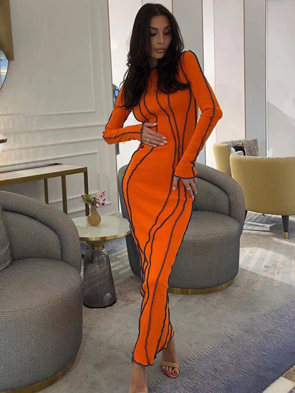 Contrast Wavy Vertical Stripes Long Sleeve Bodycon Long Dress