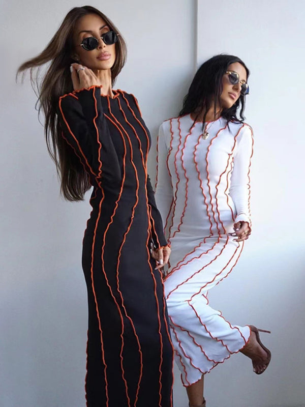 Contrast Wavy Vertical Stripes Long Sleeve Bodycon Long Dress