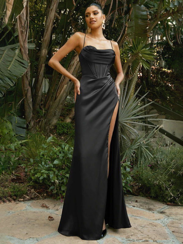 Stunning Spaghetti Strap Chest Pleated Thigh High Slit Long Evening Gown