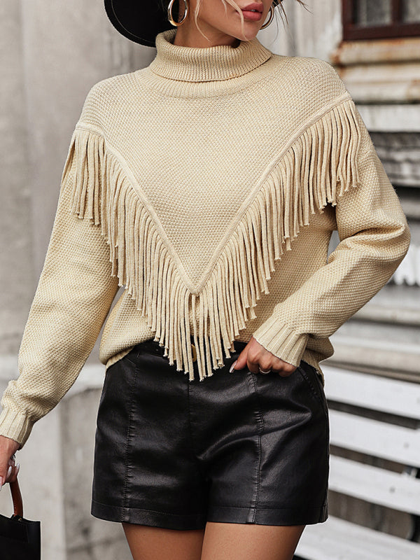 Fringed Long Sleeves Turtleneck Sweater