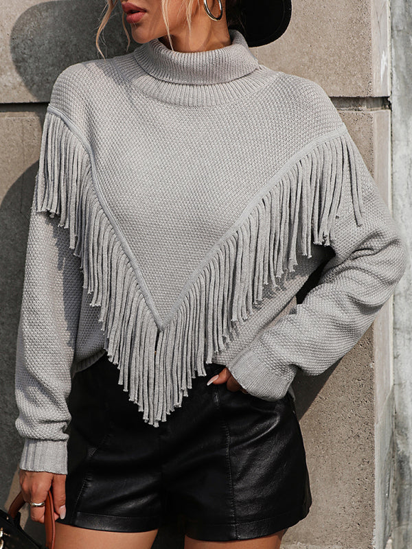 Fringed Long Sleeves Turtleneck Sweater