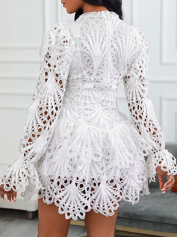 White Laser Cut Embroidered Lace Mini Dress Available in S-M-XL